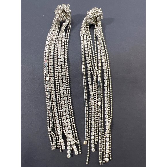 Rhinestone Ball Chain Tassel Earrings Post 4" Drop Lovers Knot Glamour Holidays - Picture 1 of 14